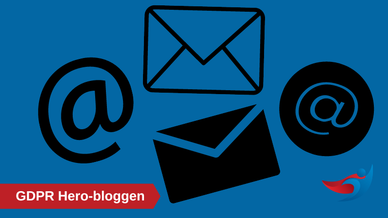 Illustration med e-postsymboler, kuvert och snabel-a på blå bakgrund – grafik från GDPR Hero-bloggen