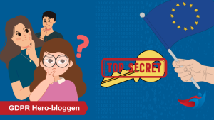 Pseudonymisering och GDPR: fundersamma personer står bredvid symboler för datasäkerhet, inklusive en ”Top Secret”-märkt nyckel och EU-flaggan, med texten ”GDPR Hero-bloggen”.